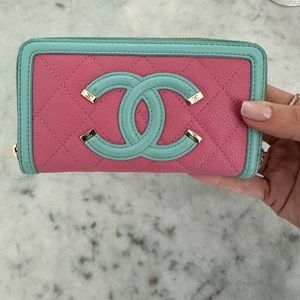 Caviar Quilted Medium Filigree Zip Around Wallet Pink Blue Green